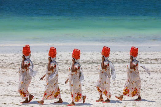 Five women in traditional attire with vibrant scarves walking on a sandy beach by the ocean.