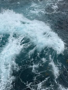 A powerful ocean wave crashes, creating dynamic foam and texture.