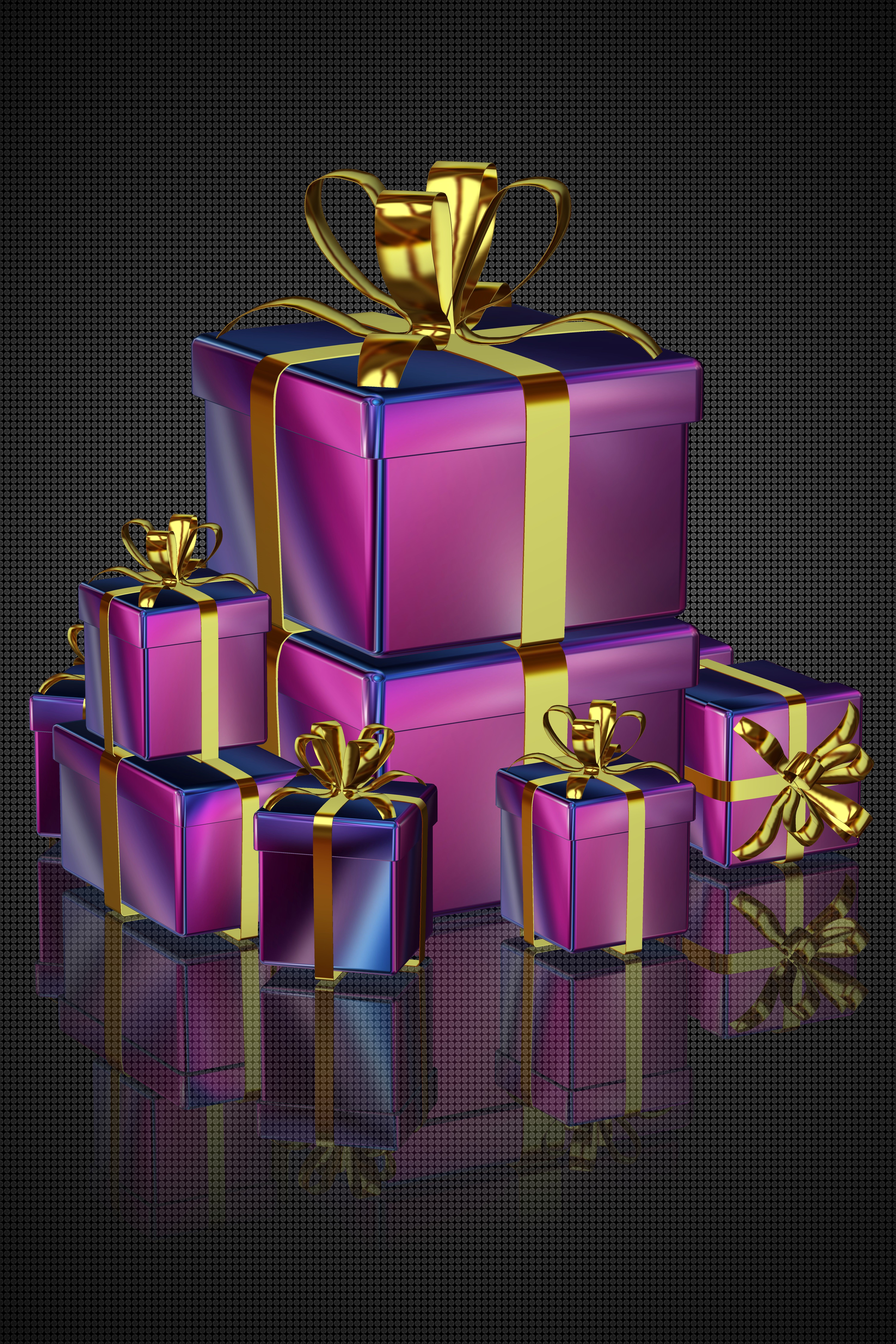 A stack of colorful gift boxes with gold ribbons on a dark reflective surface, perfect for celebrations.