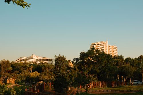 Free Modern white apartment buildings surrounded by lush vegetation in a tranquil urban park during the day. Stock Photo