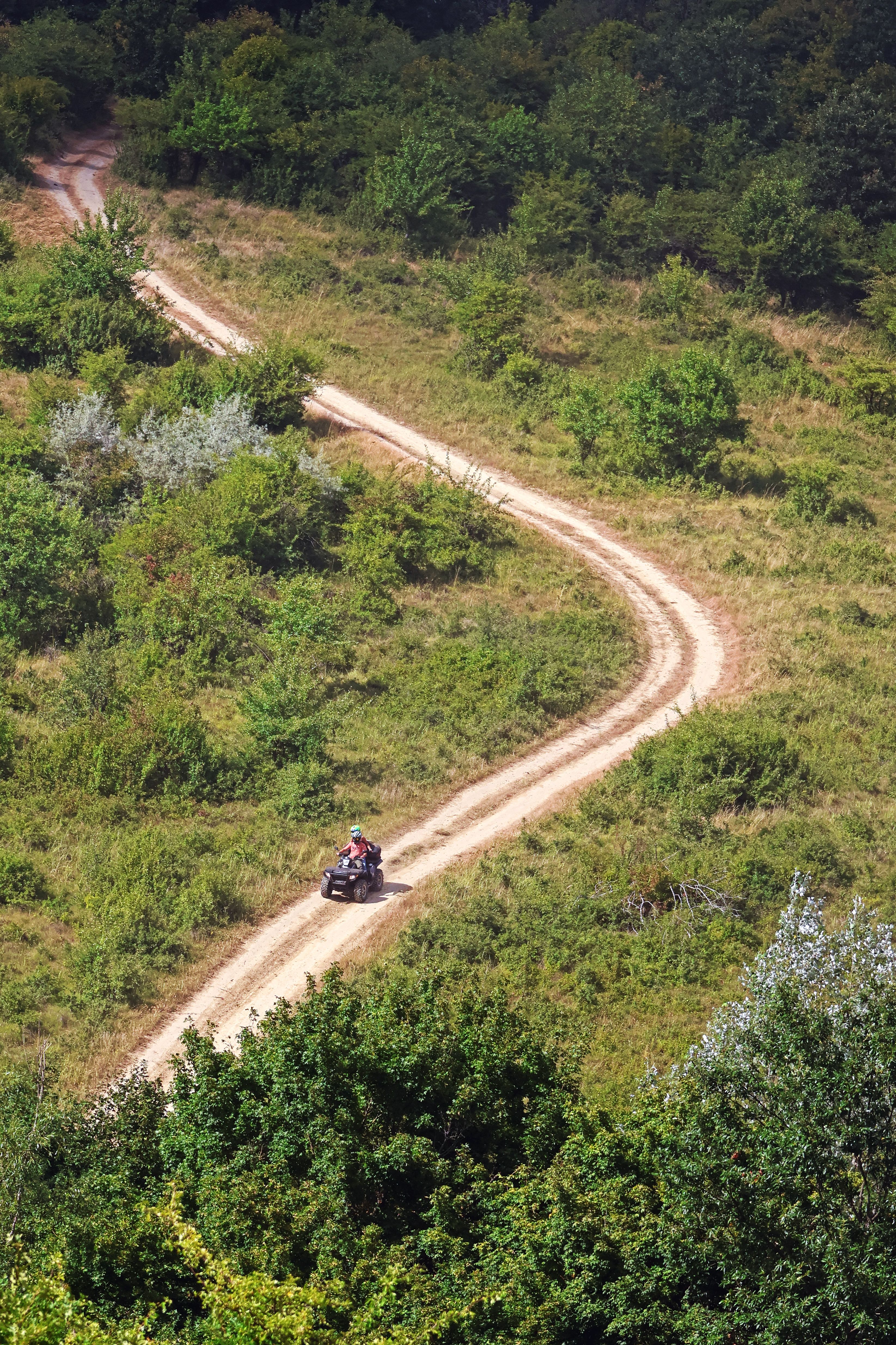 Rider navigating an all-terrain vehicle on a winding dirt road through lush greenery in Hungary.