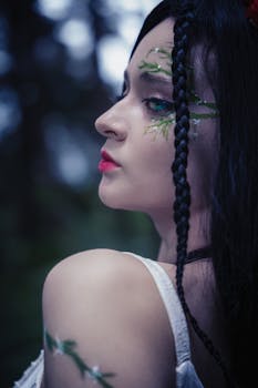 Enchanting portrait of a woman with braided hair and nature-themed face art in a forest.