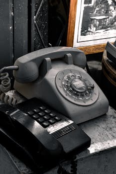 A retro rotary phone beside a classic push button phone on a textured desk.