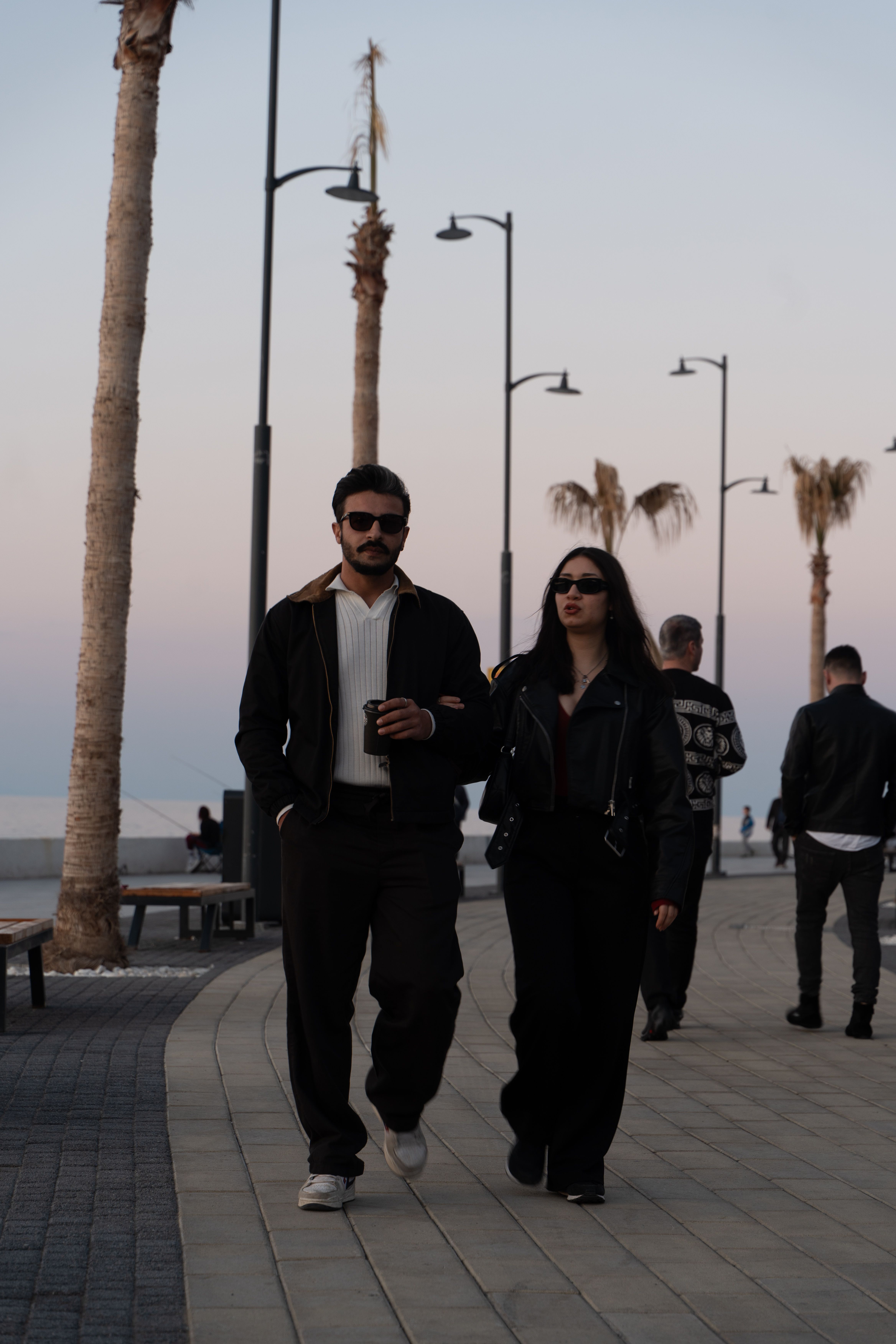 Nicosia to Limassol weekend getaway: couple walking along a palm-lined promenade at twilight
