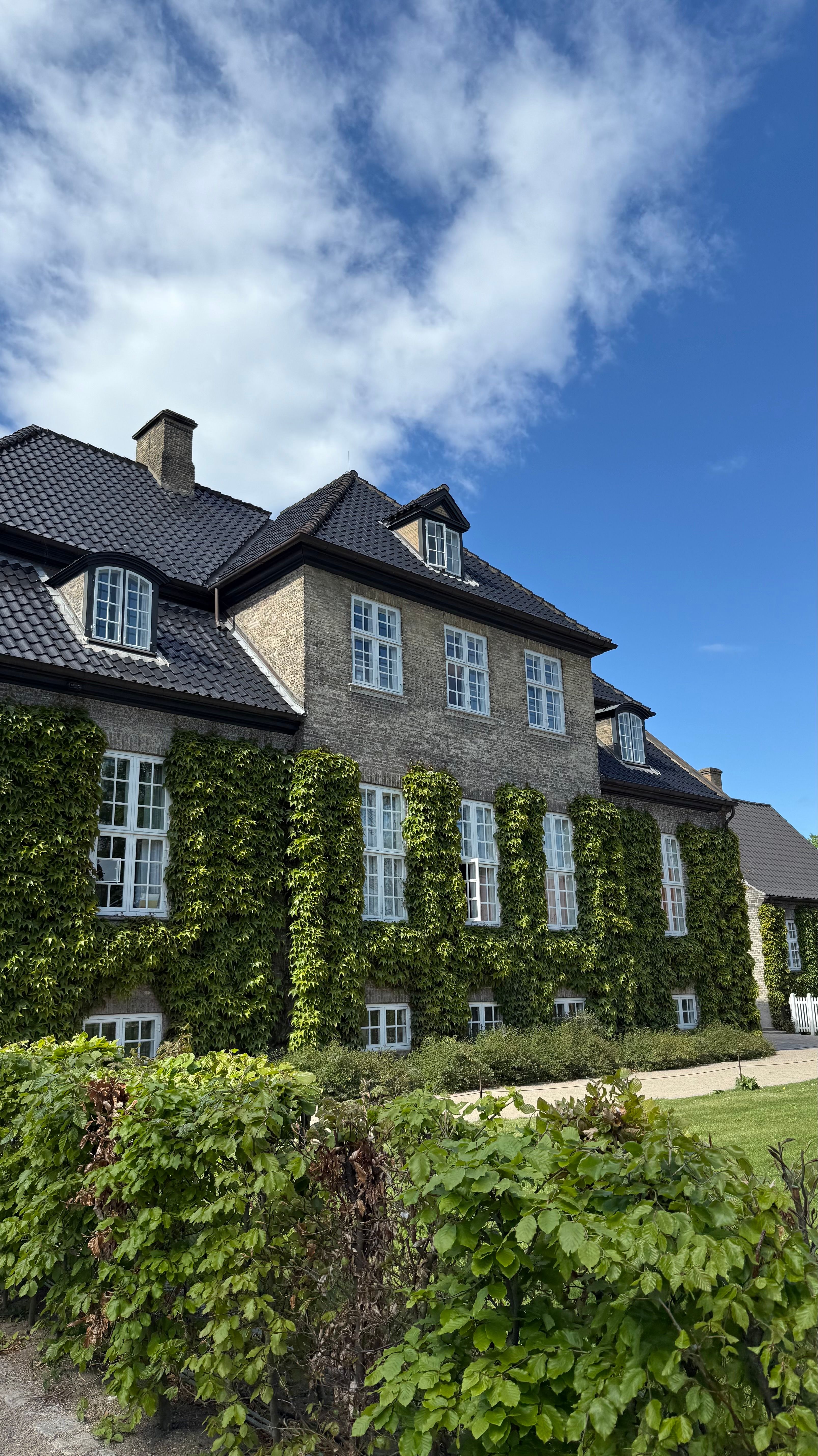 Charming ivy-covered historic building against a bright blue sky in Copenhagen, Denmark.