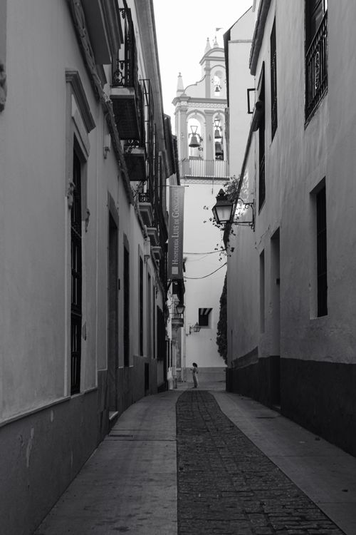 Free Explore a charming narrow alleyway in Córdoba, Spain, with historic architecture in black and white. Stock Photo