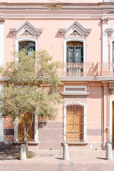 A pastel-colored colonial building facade with intricate details and a tree providing shade.