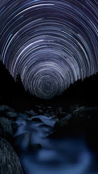 Long exposure captures stunning star trails above a tranquil river in the forest. Perfect for astronomy and nature enthusiasts.