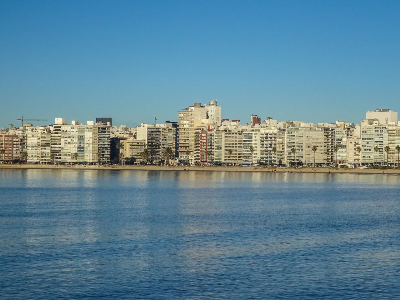 A serene view of Montevideo's skyline reflecting on the waterfront under a clear blue sky.