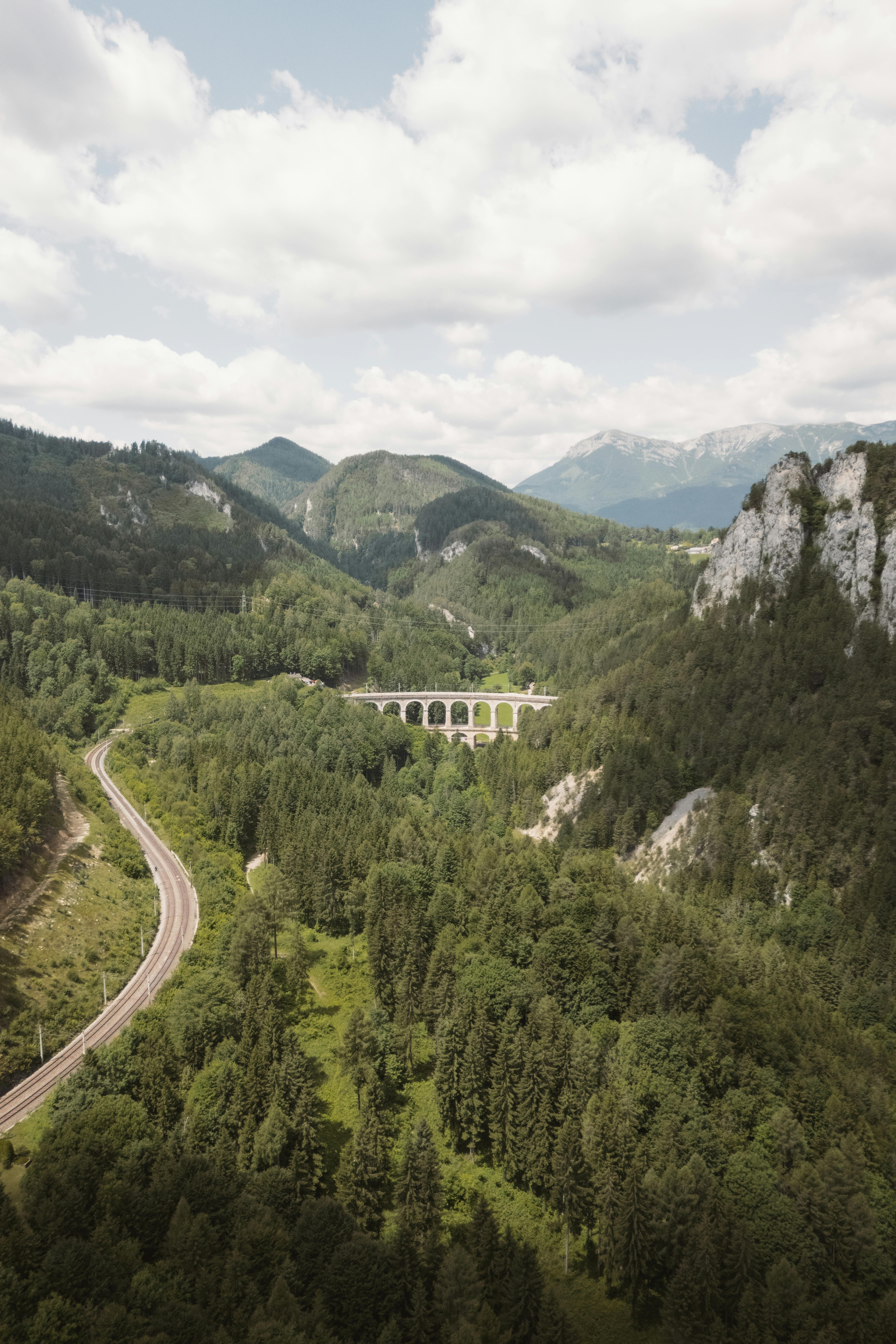 A serene view of a mountain viaduct surrounded by lush greenery in Austria.