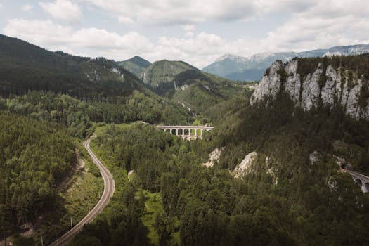 Stunning aerial view of alpine viaduct and lush forests in Austria.