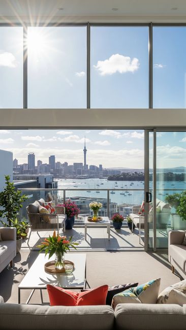 Photo by Puspita Wardani on Pexels Stunning view of the Auckland skyline from a modern apartment balcony.