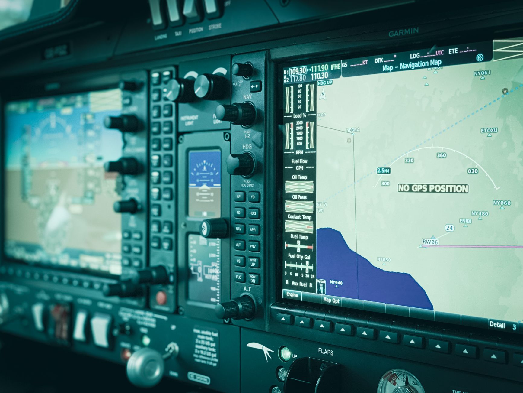 A modern aircraft cockpit display showing navigation instruments used when pilots cross-check position and heading