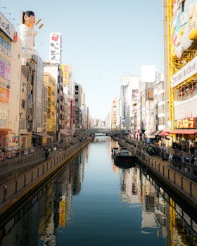 Explore the bustling Dotonbori Canal district in Osaka, showcasing stunning reflections of iconic buildings under clear skies.