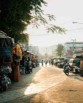Explore a bustling Thailand street market at sunset, capturing vibrant energy and local culture.