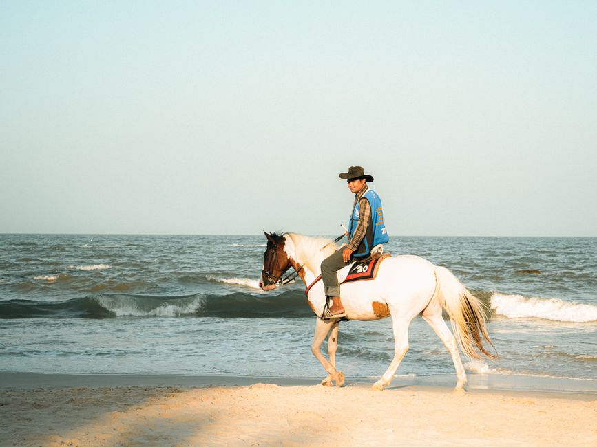 A man rides a horse along the beach in Thailand at sunrise, showcasing serene ocean views.