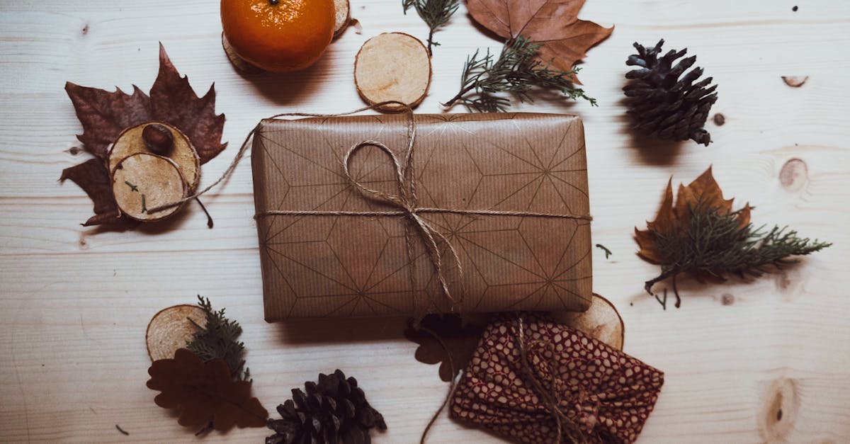 Eco-friendly gift packaging with a brown geometric design, surrounded by natural elements like pine cones, dried leaves, and an orange, emphasizing sustainable gifting and premium unboxing experiences.