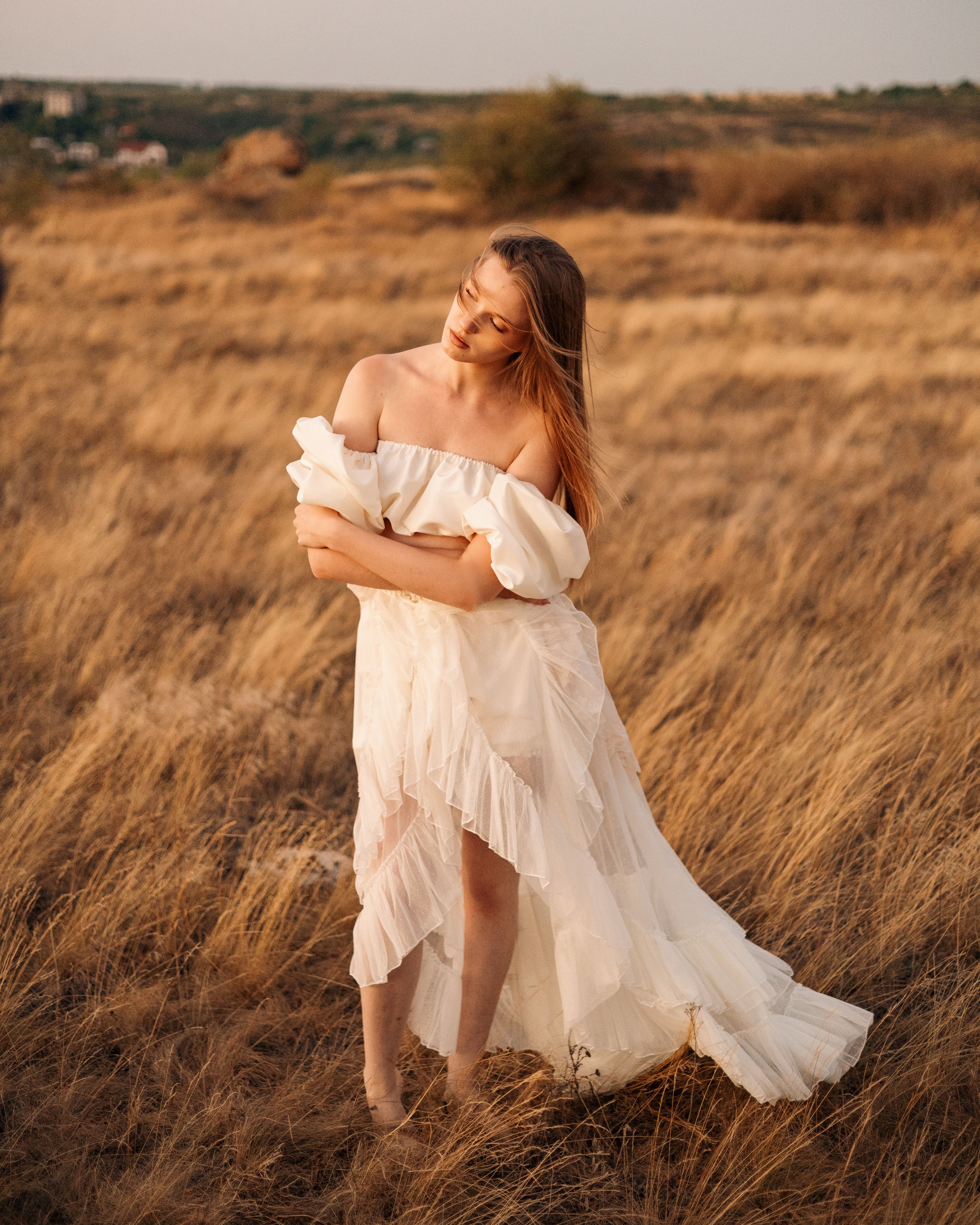 Young Woman in White Dress in Golden Field  Free Stock Photo