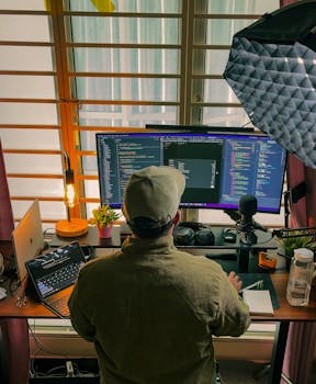 A developer's home office setup with multiple screens, coding in progress, and cozy lighting.