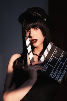 A striking portrait of a gothic-styled woman holding a clapperboard in dramatic studio lighting.