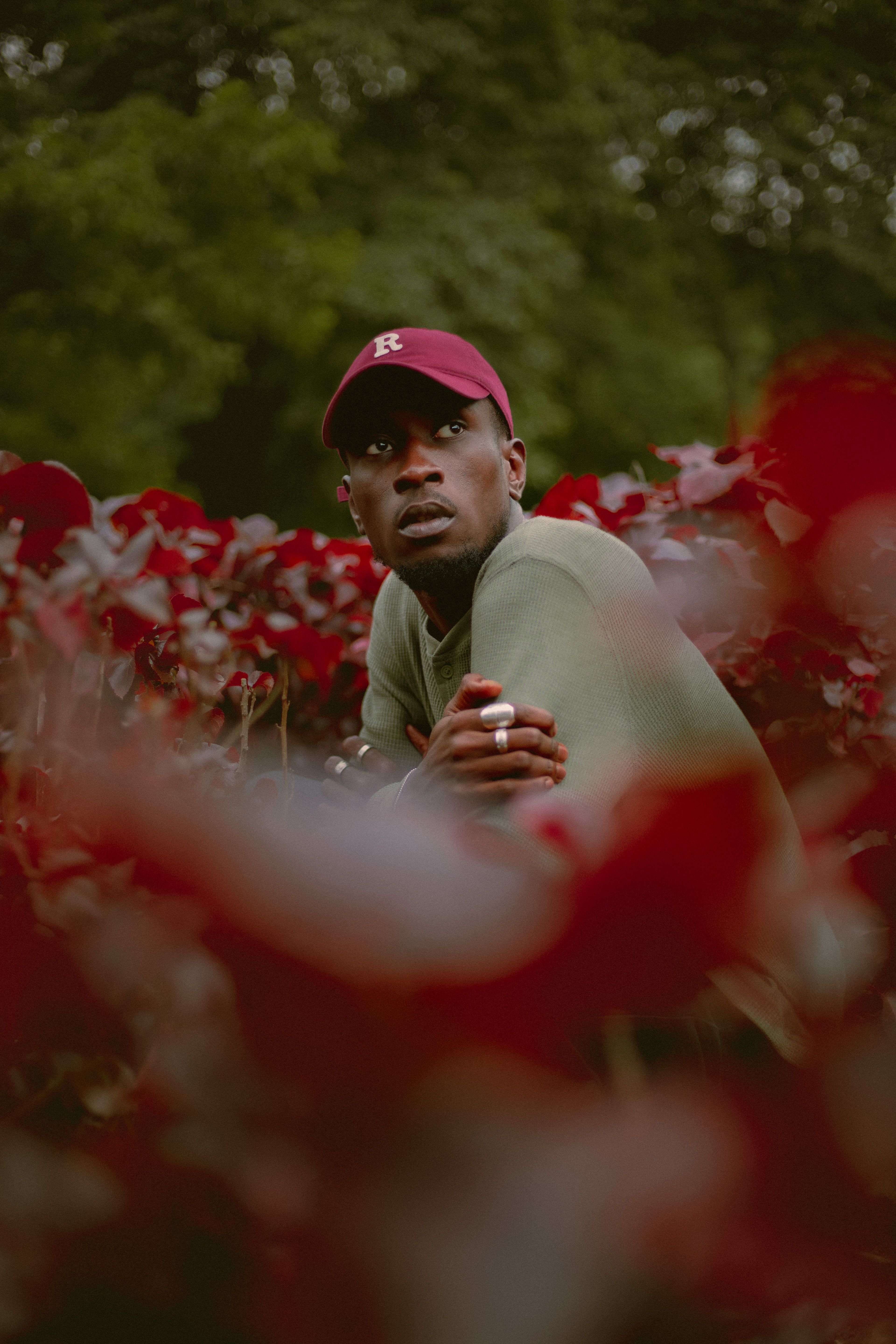A man in a green sweater and red cap surrounded by vibrant red flowers in an outdoor garden.