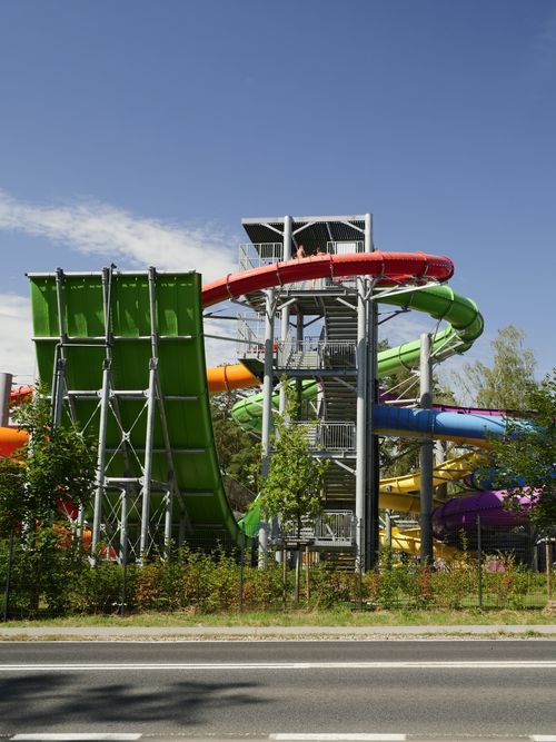Free Vibrant water slide park in Zielona Góra, ideal for summer adventures. Stock Photo