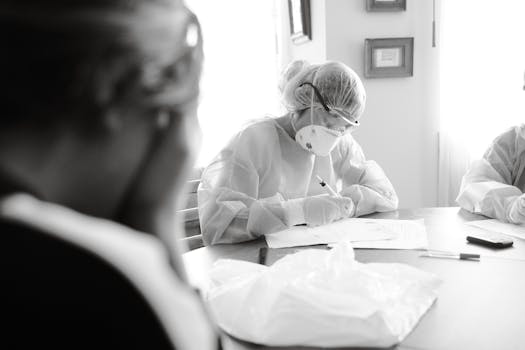 Healthcare professionals in protective gear working diligently at a table indoors.