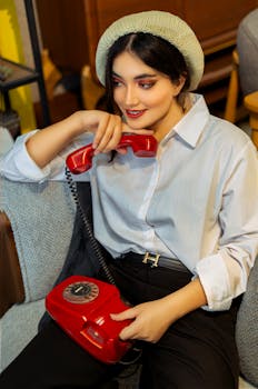 Chic woman in a hat using a vintage red rotary phone indoors with vibrant lighting.