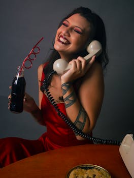 Smiling woman enjoying a playful moment with a vintage phone and soda.