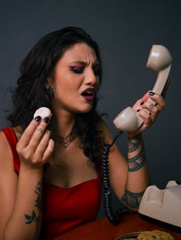 A young woman in a red dress expresses frustration while holding a vintage phone and snack, creating a dramatic scene.