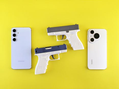 Flat lay of white smartphones and toy guns on a vibrant yellow backdrop, modern concept.