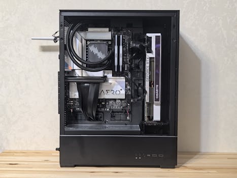 Interior view of a custom-built gaming PC showing components like GPU and cooling system.