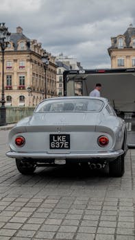 Classic car parked in a European city, showcasing vintage architecture.