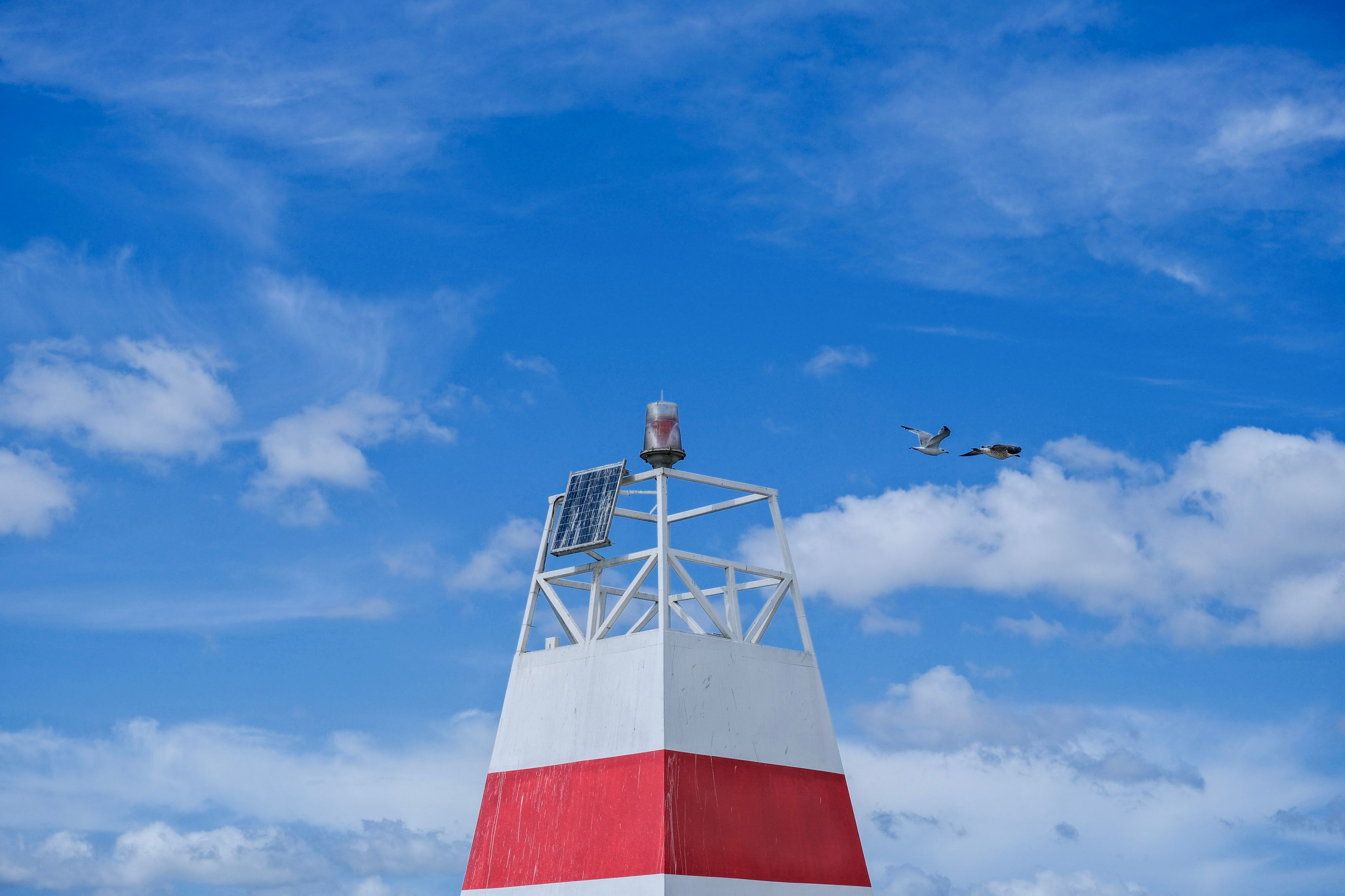 Seagulls soar above a red and white maritime tower under clear blue skies.