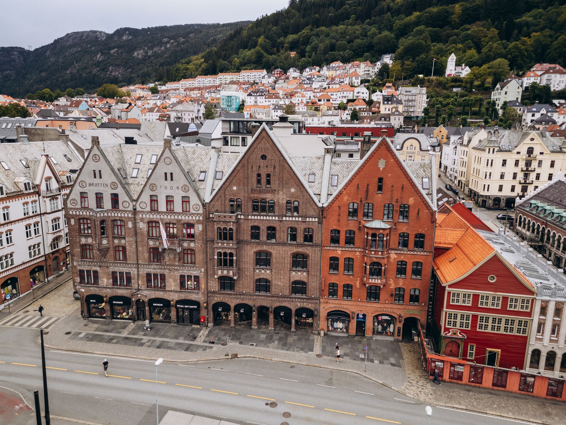 A stunning aerial shot of the iconic Bryggen Wharf in Bergen, showcasing traditional Norwegian architecture.