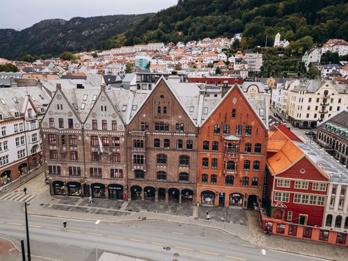 A stunning aerial shot of the iconic Bryggen Wharf in Bergen, showcasing traditional Norwegian architecture.