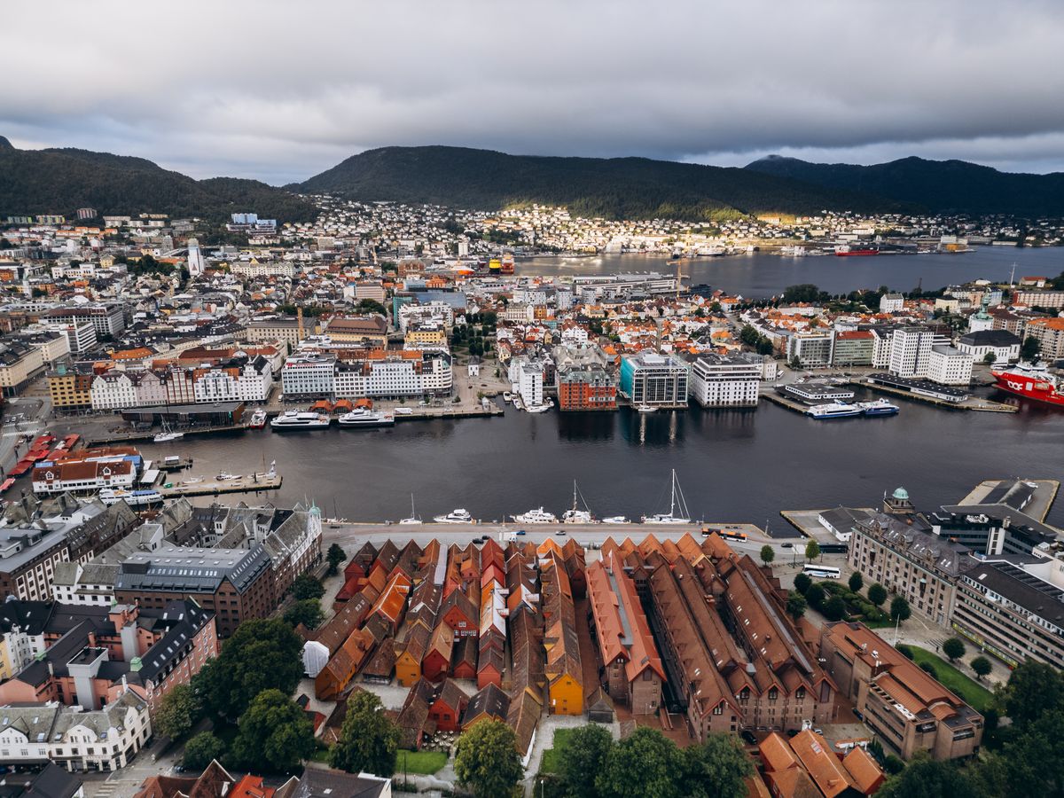 Aerial view of Bergen Norway with colourful buildings and harbour