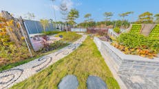 Serene Garden with Paved Pathway in Spring