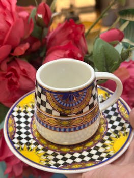 Decorative espresso cup and saucer with intricate patterns, surrounded by blooming red flowers.