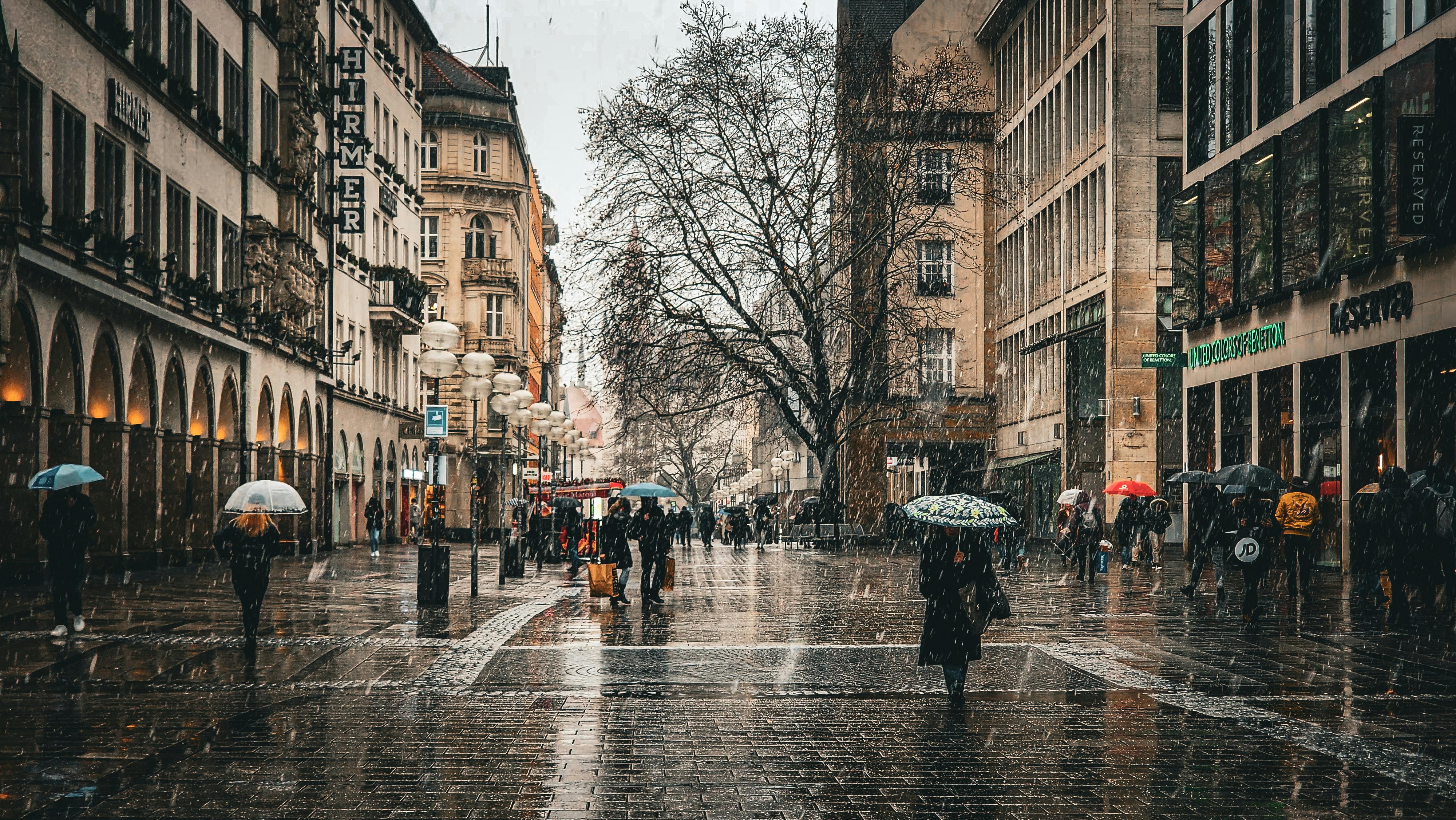 Rainy Day in Munich City Center with Umbrellas · Free Stock Photo, image size:1260x709