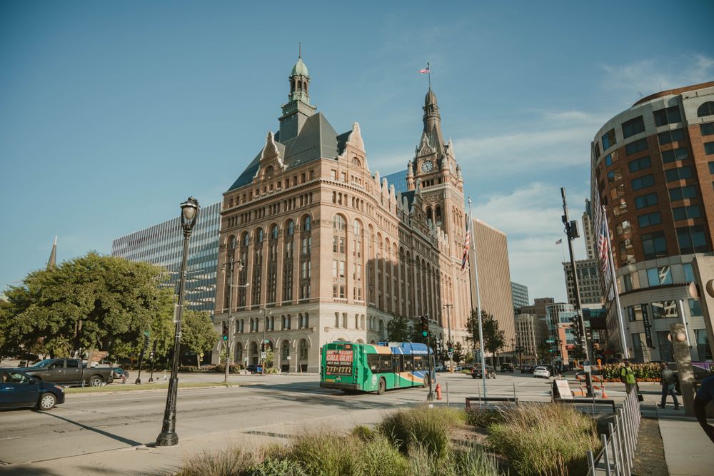 Downtown Milwaukee street and buildings in Milwaukee