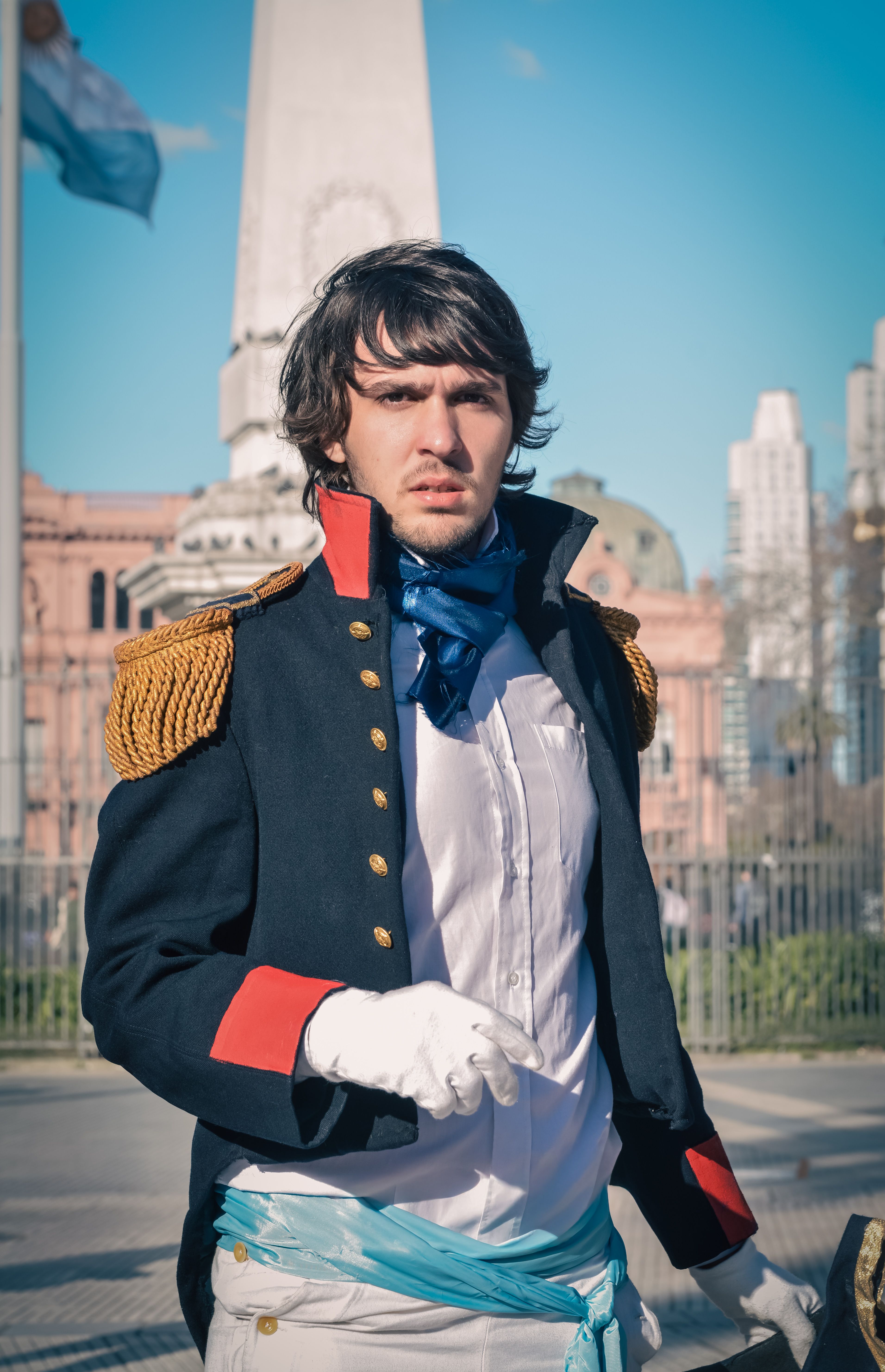 Man in historical uniform near Casa Rosada in Buenos Aires.