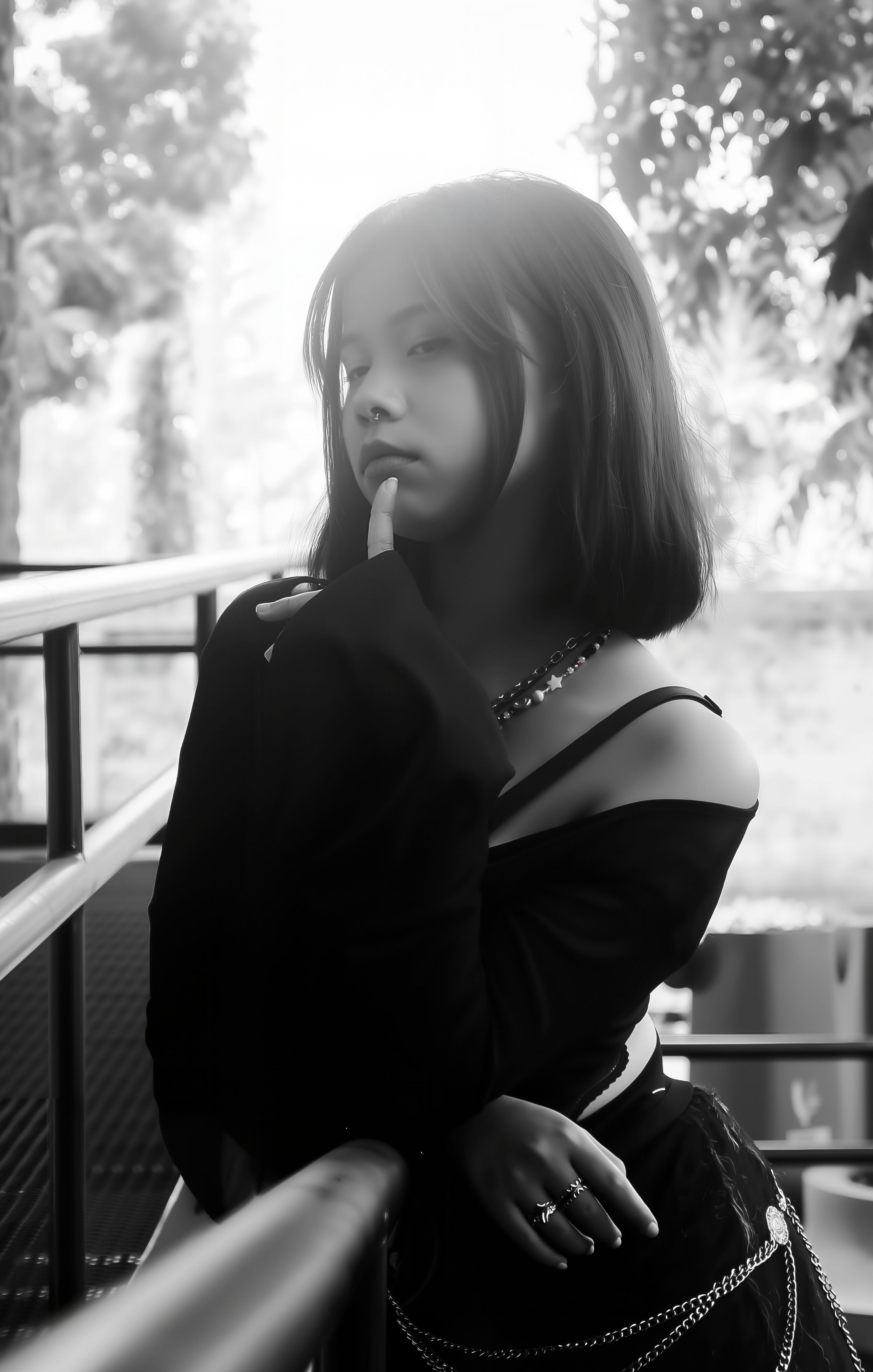 Black and White Portrait of a Thoughtful Woman