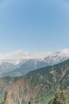 Explore the breathtaking Japanese Alps with lush greenery and snow-capped peaks under a clear blue sky.