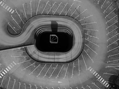 Free Monochrome aerial shot of a unique parking structure in Jönköping, Sweden. Stock Photo