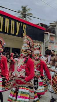 Vibrant traditional dance performance in Ernakulam, Kerala, showcasing colorful costumes and cultural heritage.