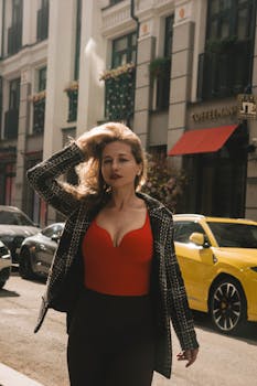 Fashionable woman in red top confidently walks down a sunlit street lined with buildings and luxury cars.