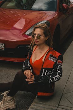 Trendy woman in red outfit sits by a sleek red sports car, exuding urban fashion vibe.