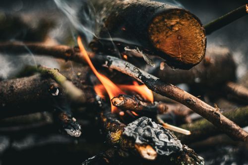 Free A detailed view of a campfire with flames and smoke rising from burning wood outdoors. Stock Photo