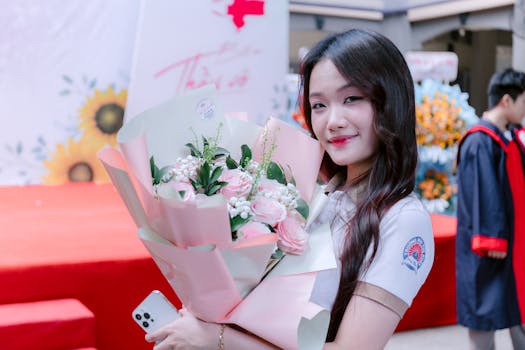 Smiling young woman with bouquet at an indoor event.